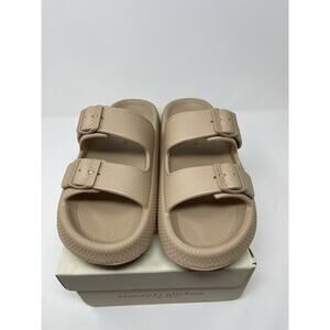 J Slides Tan Double Buckle Sandals